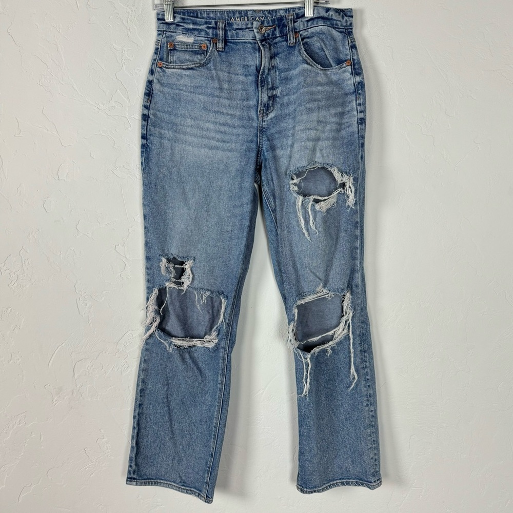 American Eagle Jeans Denim‎ Curvy 90s Straight Medium Wash Blue Solid Ripped